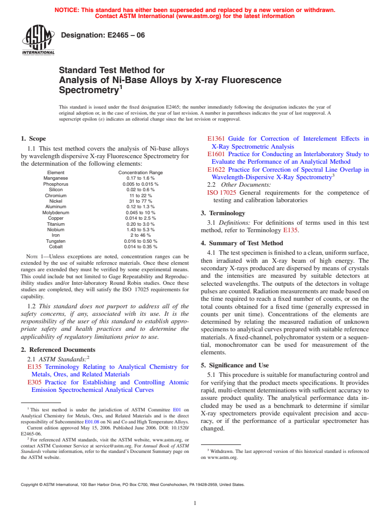 ASTM E2465-06 - Standard Test Method for Analysis of Ni-Base Alloys by X-ray Fluorescence Spectrometry