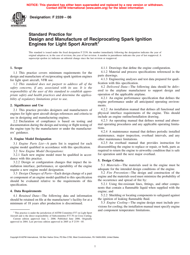 ASTM F2339-06 - Standard Practice for Design and Manufacture of Reciprocating Spark Ignition Engines for Light Sport Aircraft