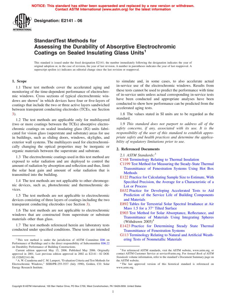 ASTM E2141-06 - Standard Test Methods for Assessing the Durability of Absorptive Electrochromic Coatings on Sealed Insulating Glass Units