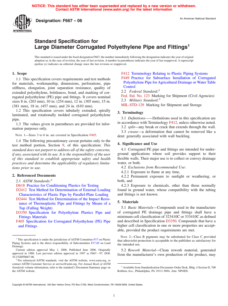 ASTM F667-06 - Standard Specification for Large Diameter Corrugated Polyethylene Pipe and Fittings