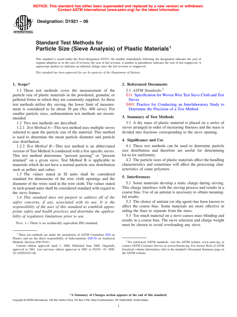 ASTM D1921-06 - Standard Test Methods for Particle Size (Sieve Analysis) of Plastic Materials