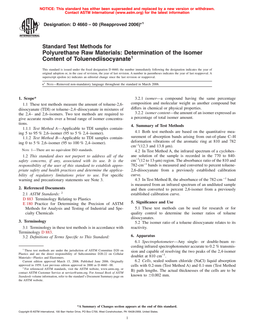 ASTM D4660-00(2006)e1 - Standard Test Methods for Polyurethane Raw Materials: Determination of the Isomer Content of Toluenediisocyanate