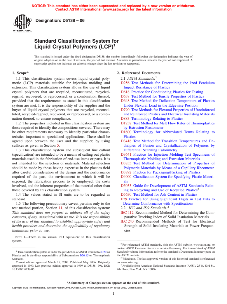 ASTM D5138-06 - Standard Classification System for Liquid Crystal Polymers (LCP)