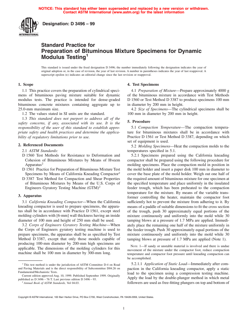 ASTM D3496-99 - Standard Practice for Preparation of Bituminous Mixture Specimens for Dynamic Modulus Testing