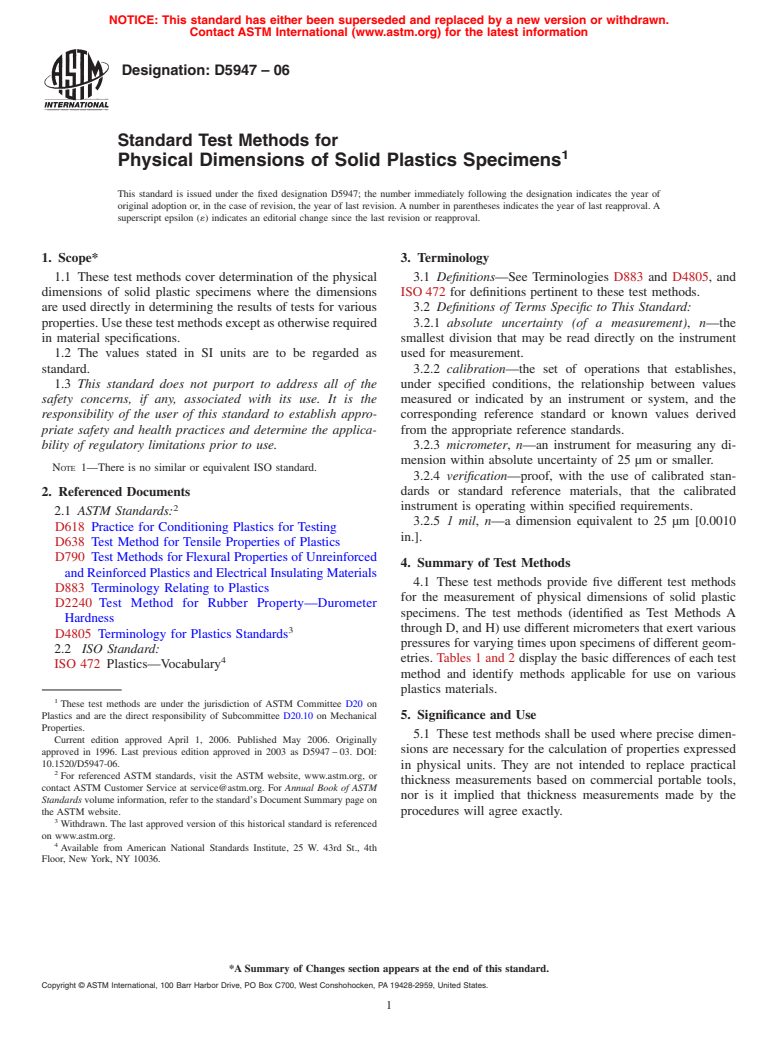 ASTM D5947-06 - Standard Test Methods for Physical Dimensions of Solid Plastics Specimens