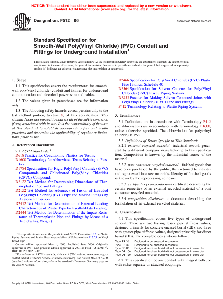 ASTM F512-06 - Standard Specification for Smooth-Wall Poly(Vinyl Chloride) (PVC) Conduit and Fittings for Underground Installation