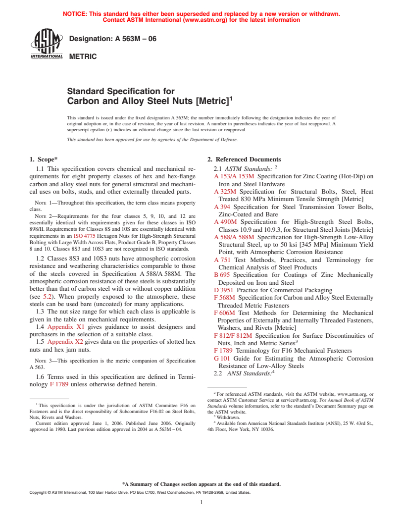 ASTM A563M-06 - Standard Specification for Carbon and Alloy Steel Nuts [Metric)