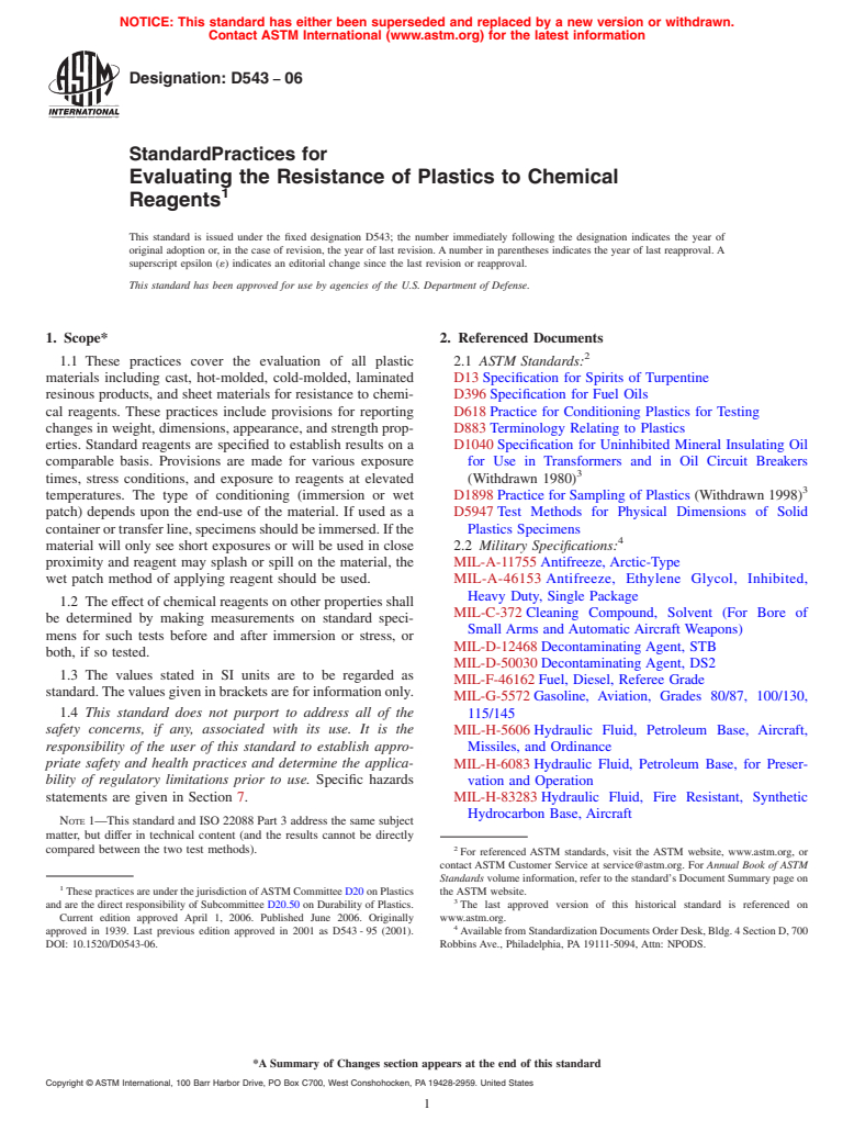 ASTM D543-06 - Standard Practices for Evaluating the Resistance of Plastics to Chemical Reagents