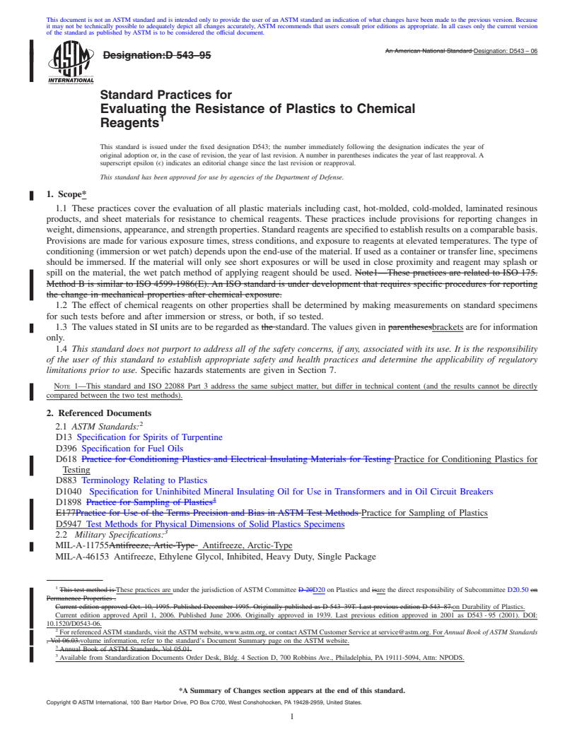 REDLINE ASTM D543-06 - Standard Practices for Evaluating the Resistance of Plastics to Chemical Reagents