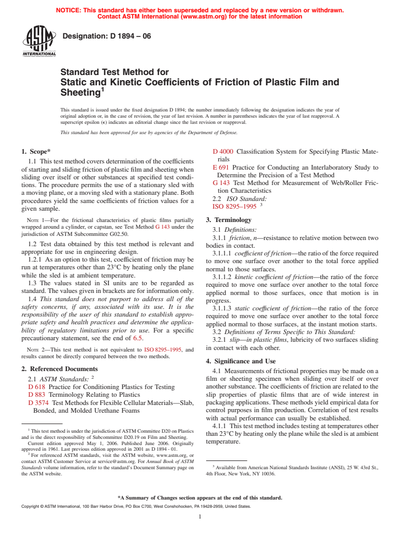 ASTM D1894-06 - Standard Test Method for Static and Kinetic Coefficients of Friction of Plastic Film and Sheeting