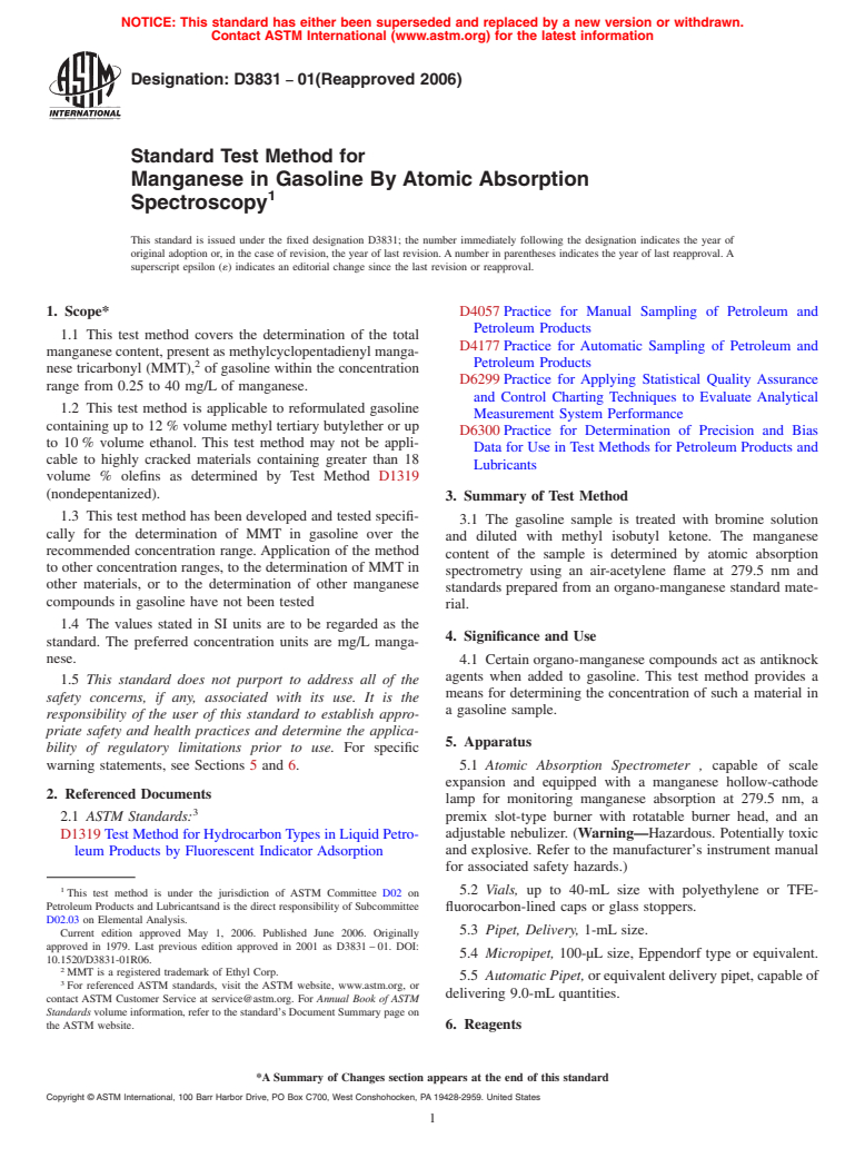 ASTM D3831-01(2006) - Standard Test Method for Manganese in Gasoline By Atomic Absorption Spectroscopy