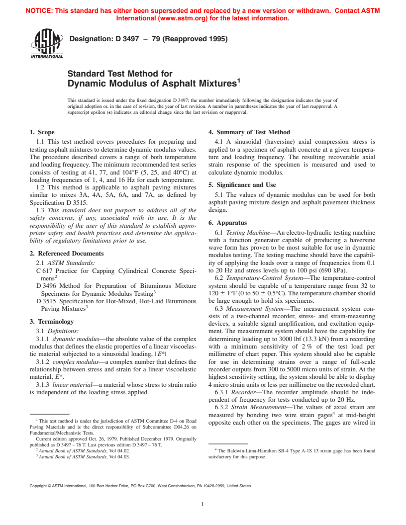 ASTM D3497-79(1995) - Standard Test Method for Dynamic Modulus of Asphalt Mixtures