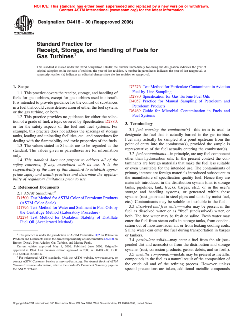 ASTM D4418-00(2006) - Standard Practice for Receipt, Storage, and Handling of Fuels for Gas Turbines