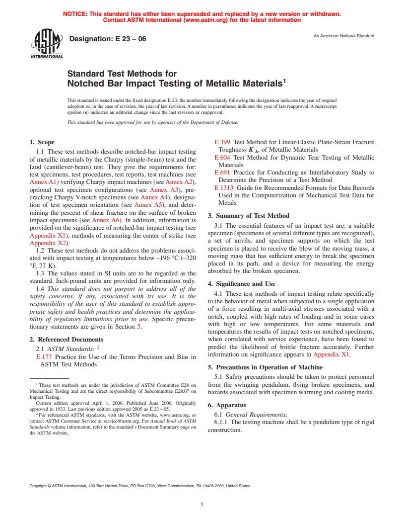 ASTM E23-06 - Standard Test Methods for Notched Bar Impact Testing of Metallic Materials