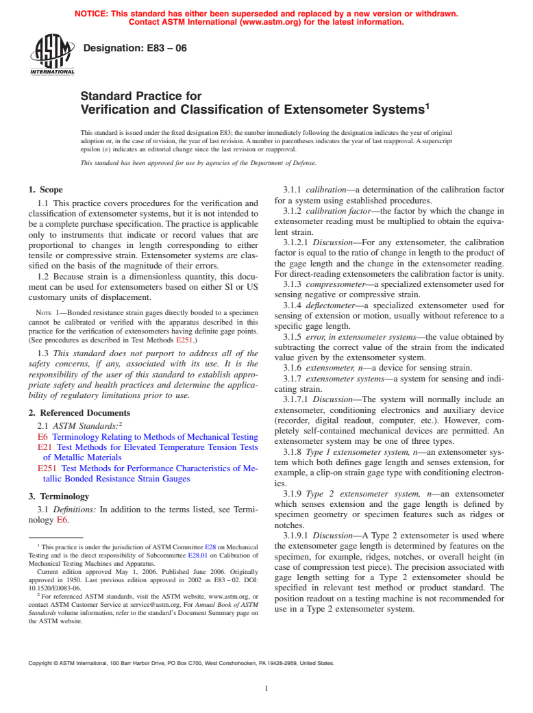 ASTM E83-06 - Standard Practice for Verification and Classification of Extensometer Systems
