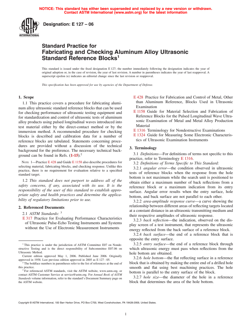 ASTM E127-06 - Standard Practice for Fabricating and Checking Aluminum Alloy Ultrasonic Standard Reference Blocks