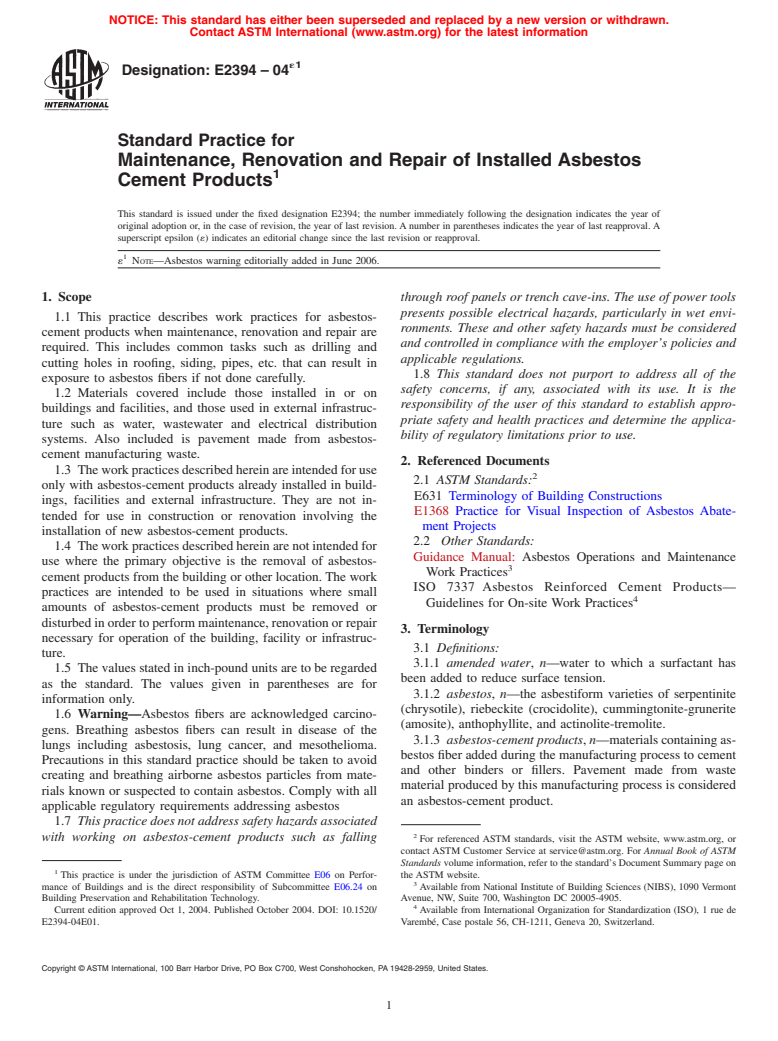 ASTM E2394-04e1 - Standard Practice for Maintenance, Renovation and Repair of Installed Asbestos Cement Products