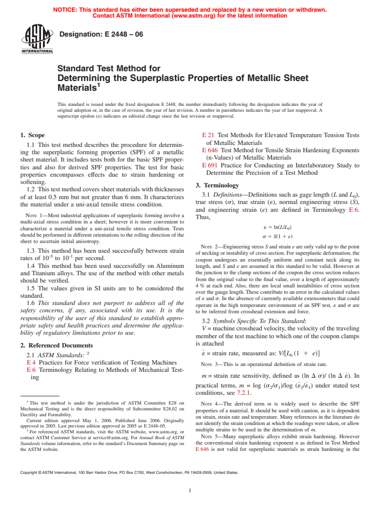 ASTM E2448-06 - Standard Test Method for Determining the Superplastic Properties of Metallic Sheet Materials