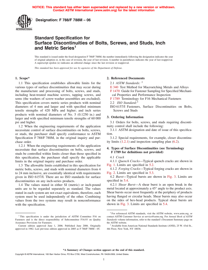 ASTM F788/F788M-06 - Standard Specification for Surface Discontinuities of Bolts, Screws, and Studs, Inch and Metric Series