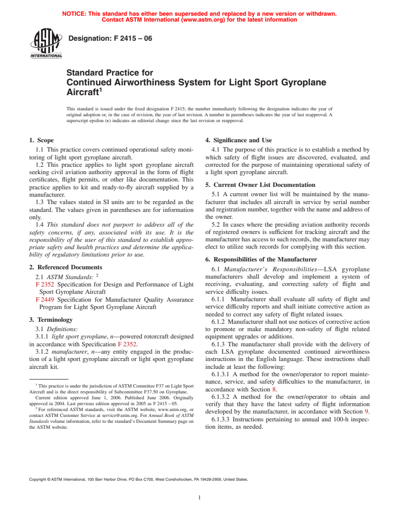 ASTM F2415-06 - Standard Practice for Continued Airworthiness System for Light Sport Gyroplane Aircraft