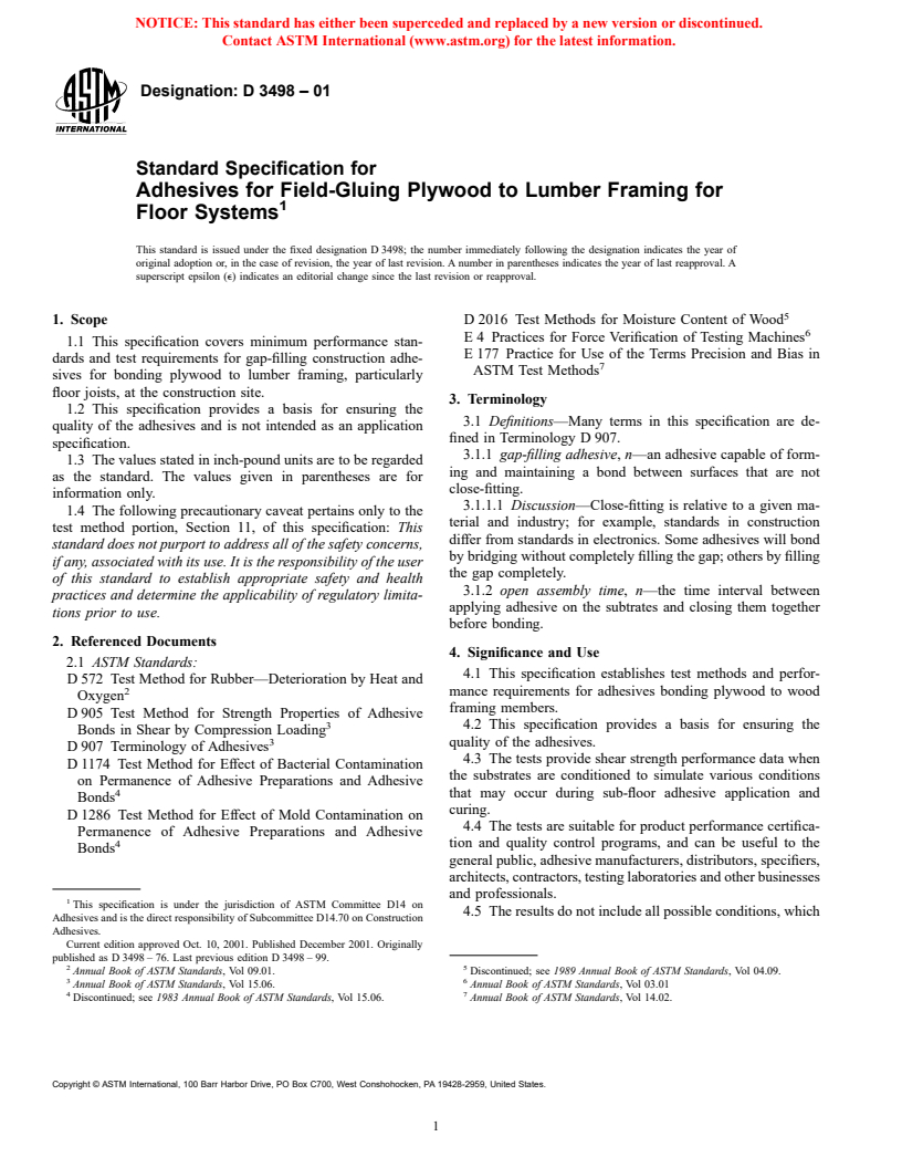 ASTM D3498-01 - Standard Specification for Adhesives for Field-Gluing Plywood to Lumber Framing for Floor Systems