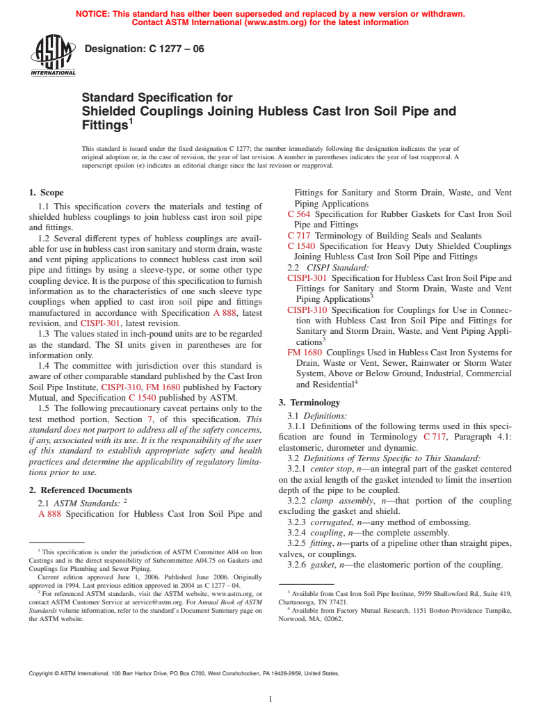 ASTM C1277-06 - Standard Specification for Shielded Couplings Joining Hubless Cast Iron Soil Pipe and Fittings