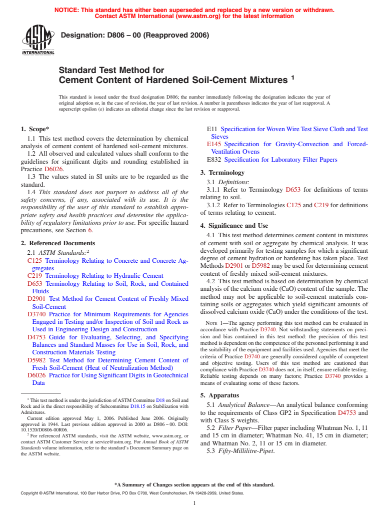 ASTM D806-00(2006) - Standard Test Method for Cement Content of Hardened Soil-Cement Mixtures