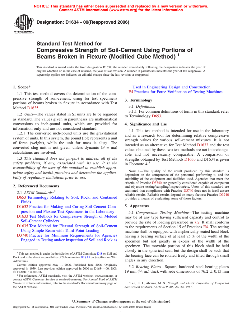 ASTM D1634-00(2006) - Standard Test Method for Compressive Strength of Soil-Cement Using Portions of Beams Broken in Flexure (Modified Cube Method) (Withdrawn 2015)