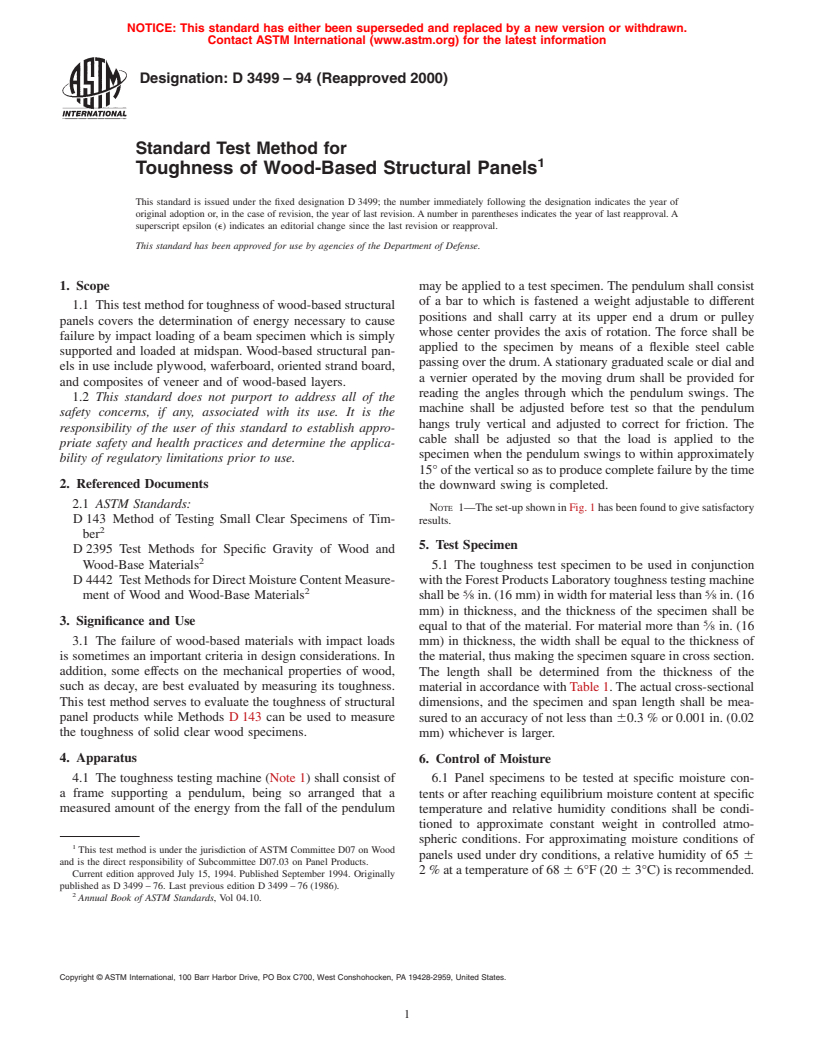 ASTM D3499-94(2000) - Standard Test Method for Toughness of Wood-Based Structural Panels