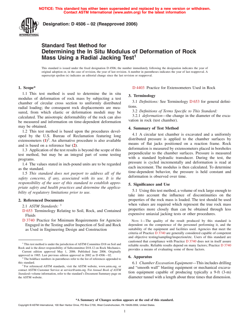 ASTM D4506-02(2006) - Standard Test Method for Determining the In Situ Modulus of Deformation of Rock Mass Using a Radial Jacking Test