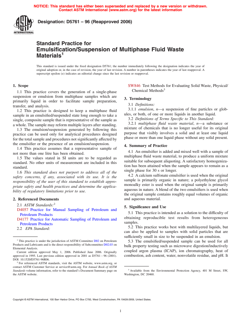 ASTM D5761-96(2006) - Standard Practice for Emulsification/Suspension of Multiphase Fluid Waste Materials