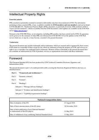 ETSI EN 319 522-1 V1.1.1 (2018-09) - Electronic Signatures and Infrastructures (ESI); Electronic Registered Delivery Services; Part 1: Framework and Architecture - Page 4 preview
