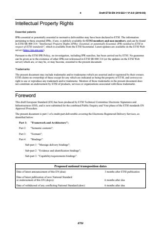 ETSI EN 319 522-1 V1.0.0 (2018-05) - Electronic Signatures and Infrastructures (ESI); Electronic Registered Delivery Services; Part 1: Framework and Architecture - Page 4 preview