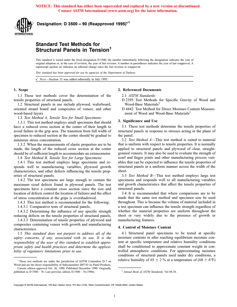 ASTM D3500-90(1995)e1 - Standard Test Methods for Structural Panels in Tension