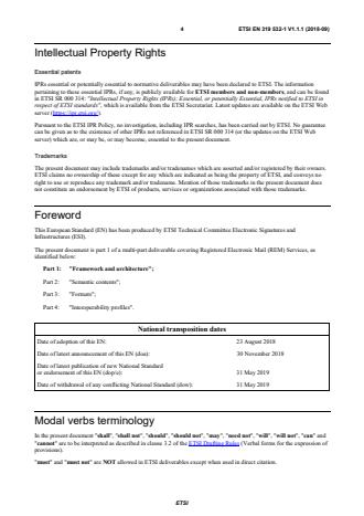 ETSI EN 319 532-1 V1.1.1 (2018-09) - Electronic Signatures and Infrastructures (ESI); Registered Electronic Mail (REM) Services; Part 1: Framework and architecture - Page 4 preview