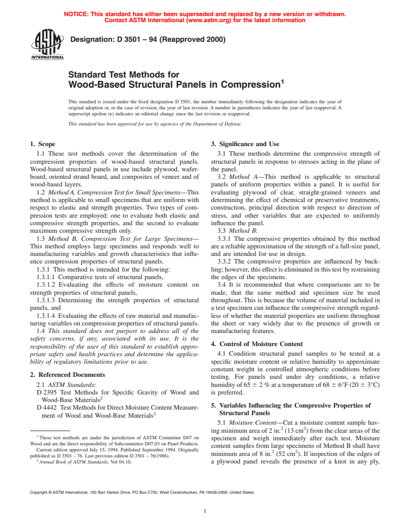 ASTM D3501-94(2000) - Standard Test Methods for Wood-Based Structural Panels in Compression