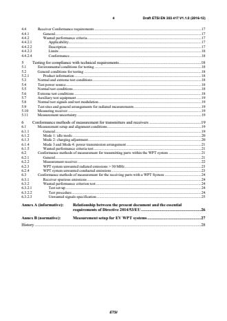 SIST EN 303 417 V1.1.1:2017 ETSI EN 303 417 V1.1.0 (2016-12) - Wireless power transmission using technologies other than radio frequency beam in the 19 - 21 kHz, 59 - 61 kHz, 79 - 90 kHz, 100 - 300 kHz, 6 765 - 6 795 kHz ranges; Harmonised Standard covering the essential requirements of article 3.2 of Directive 2014/53/EU - Page 4 preview