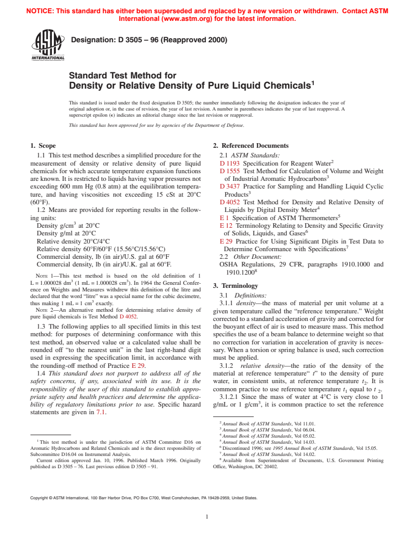 ASTM D3505-96(2000) - Standard Test Method for Density or Relative Density of Pure Liquid Chemicals