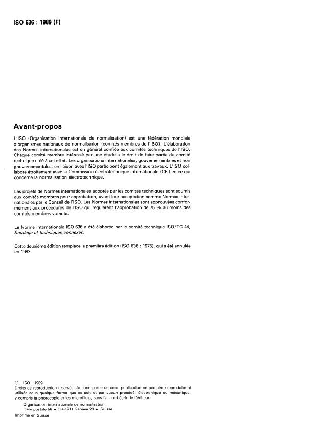 ISO 636:1989 ISO 636:1989 - Baguettes métalliques nues massives pour le soudage oxyacétylénique et le soudage a l'arc en atmosphere inerte avec électrode en tungstene (TIG), déposant un acier non allié ou faiblement allié -- Codification - Page 2 preview
