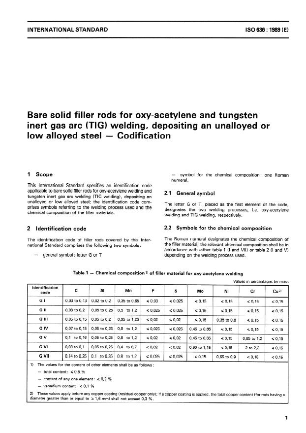 ISO 636:1989 - Bare solid filler rods for oxy-acetylene and tungsten inert gas arc (TIG) welding, depositing an unalloyed or low alloyed steel -- Codification