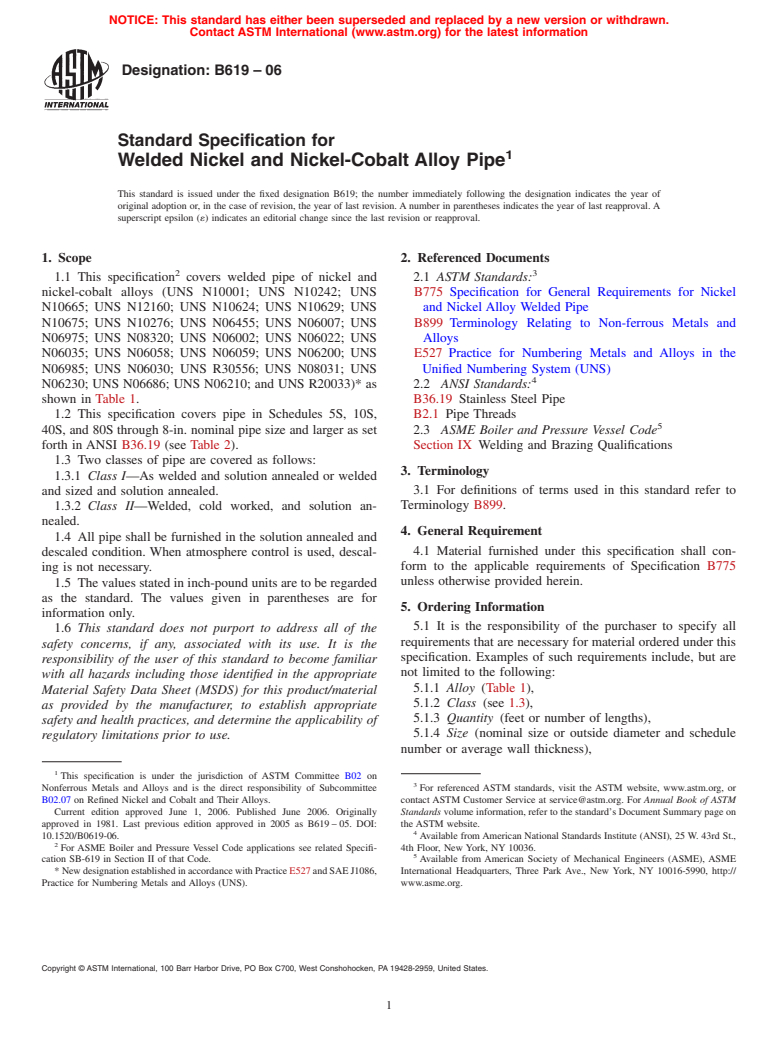 ASTM B619-06 - Standard Specification for Welded Nickel and Nickel-Cobalt Alloy Pipe