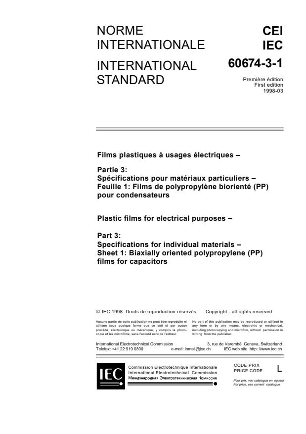 IEC 60674-3-1:1998 - Plastic films for electrical purposes - Part 3: Specifications for individual materials - Sheet 1: Biaxially oriented polypropylene (PP) film for capacitors