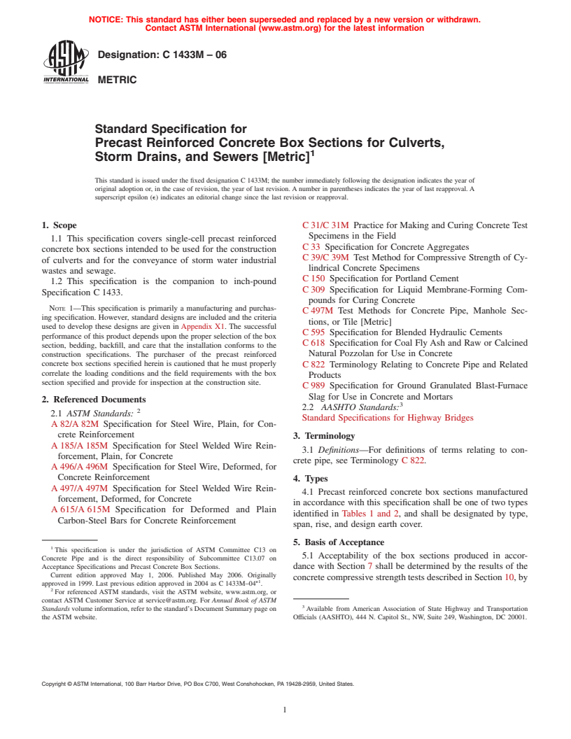 ASTM C1433M-06 - Standard Specification for Precast Reinforced Concrete Box Sections for Culverts, Storm Drains, and Sewers (Metric)