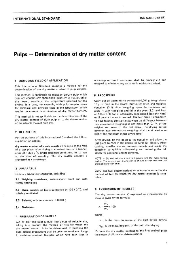 ISO 638:1978 - Pulps -- Determination of dry matter content