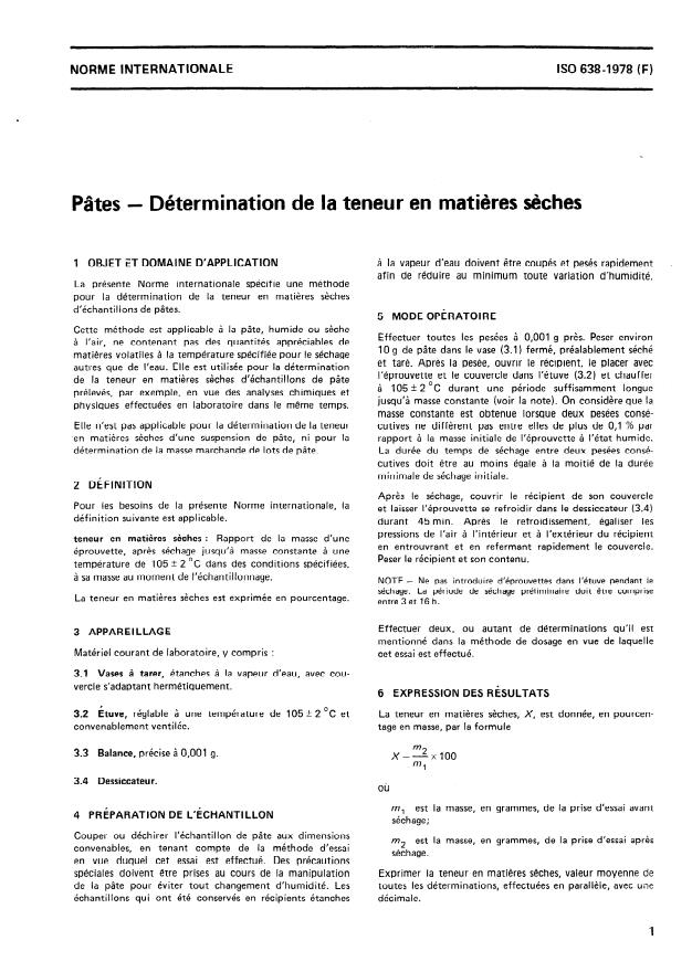 ISO 638:1978 - Pâtes -- Détermination de la teneur en matieres seches
