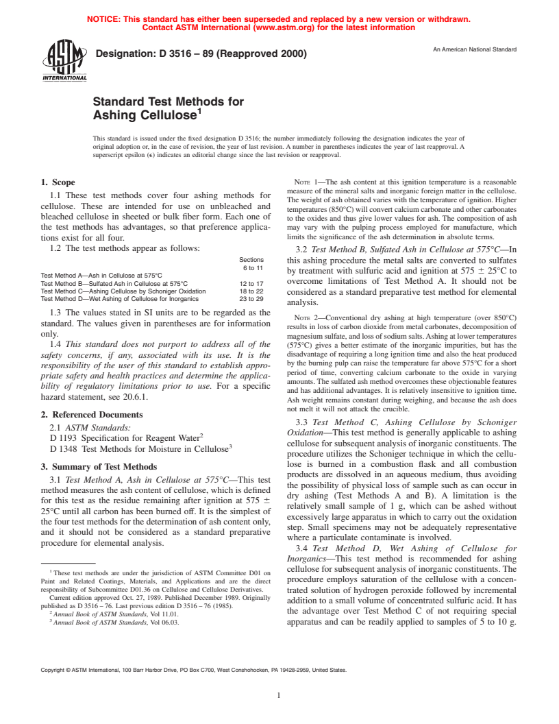 ASTM D3516-89(2000) - Standard Test Methods for Ashing Cellulose