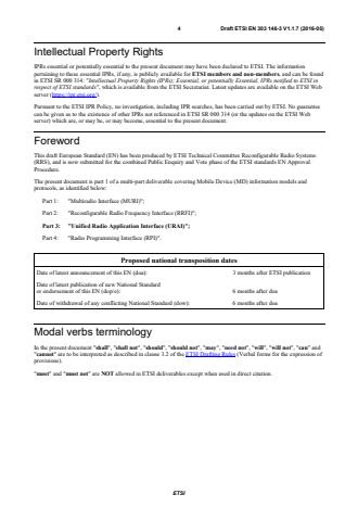 SIST EN 303 146-3 V1.2.1:2016 ETSI EN 303 146-3 V1.1.7 (2016-05) - Reconfigurable Radio Systems (RRS); Mobile Device (MD) information models and protocols; Part 3: Unified Radio Application Interface (URAI) - Page 4 preview