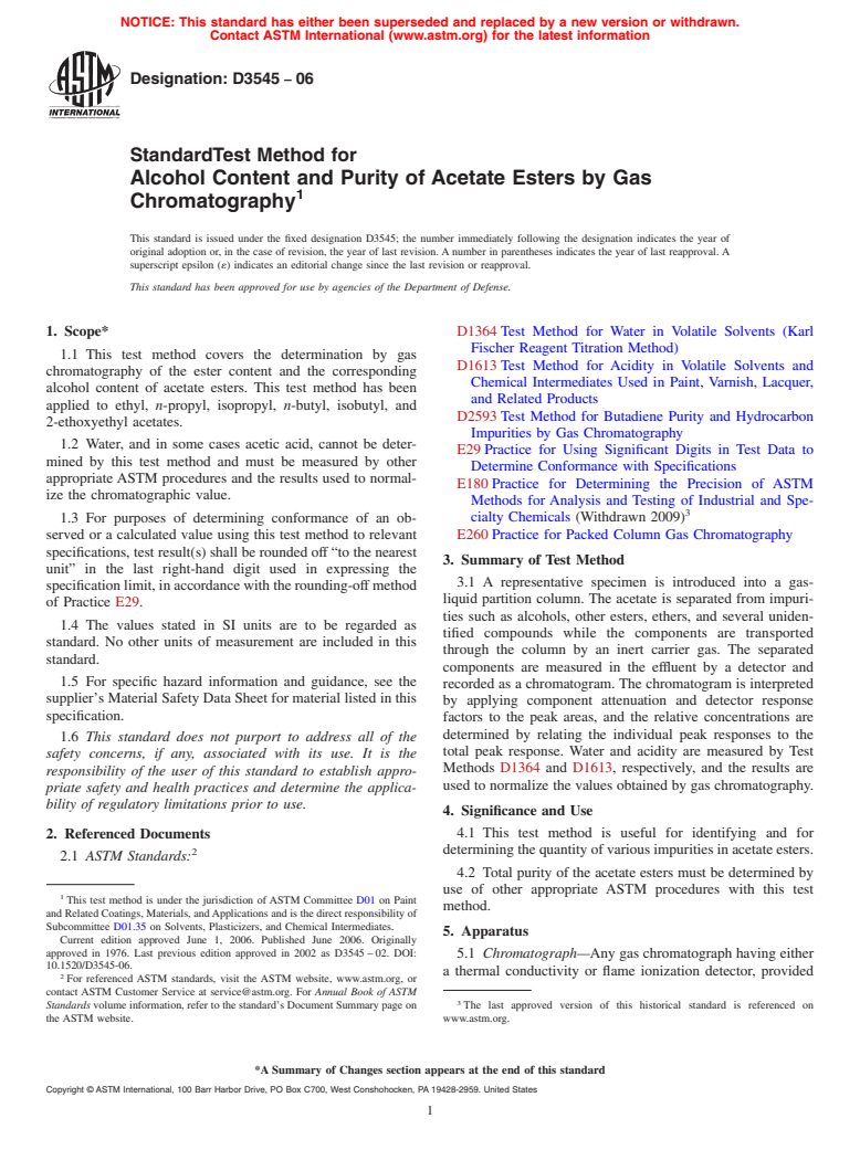 ASTM D3545-06 - Standard Test Method for Alcohol Content and Purity of Acetate Esters by Gas Chromatography