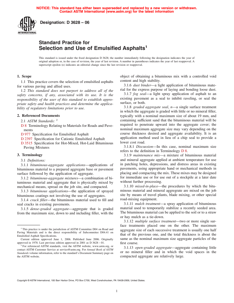 ASTM D3628-06 - Standard Practice for Selection and Use of Emulsified Asphalts