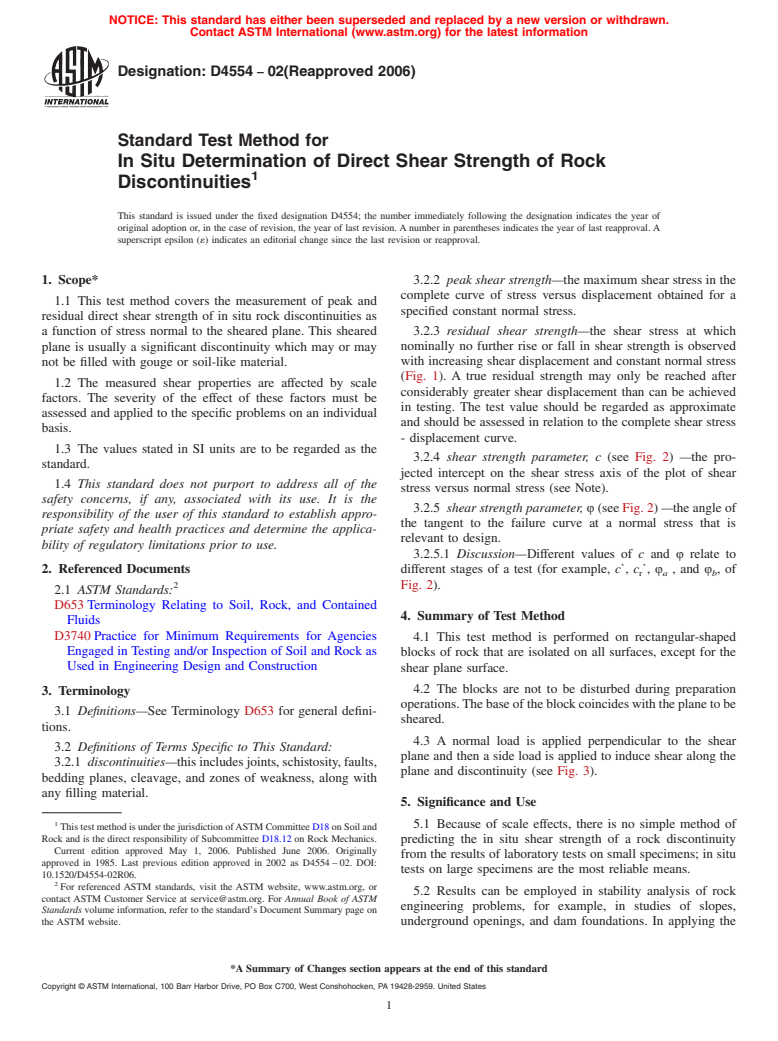 ASTM D4554-02(2006) - Standard Test Method for In Situ Determination of Direct Shear Strength of Rock Discontinuities